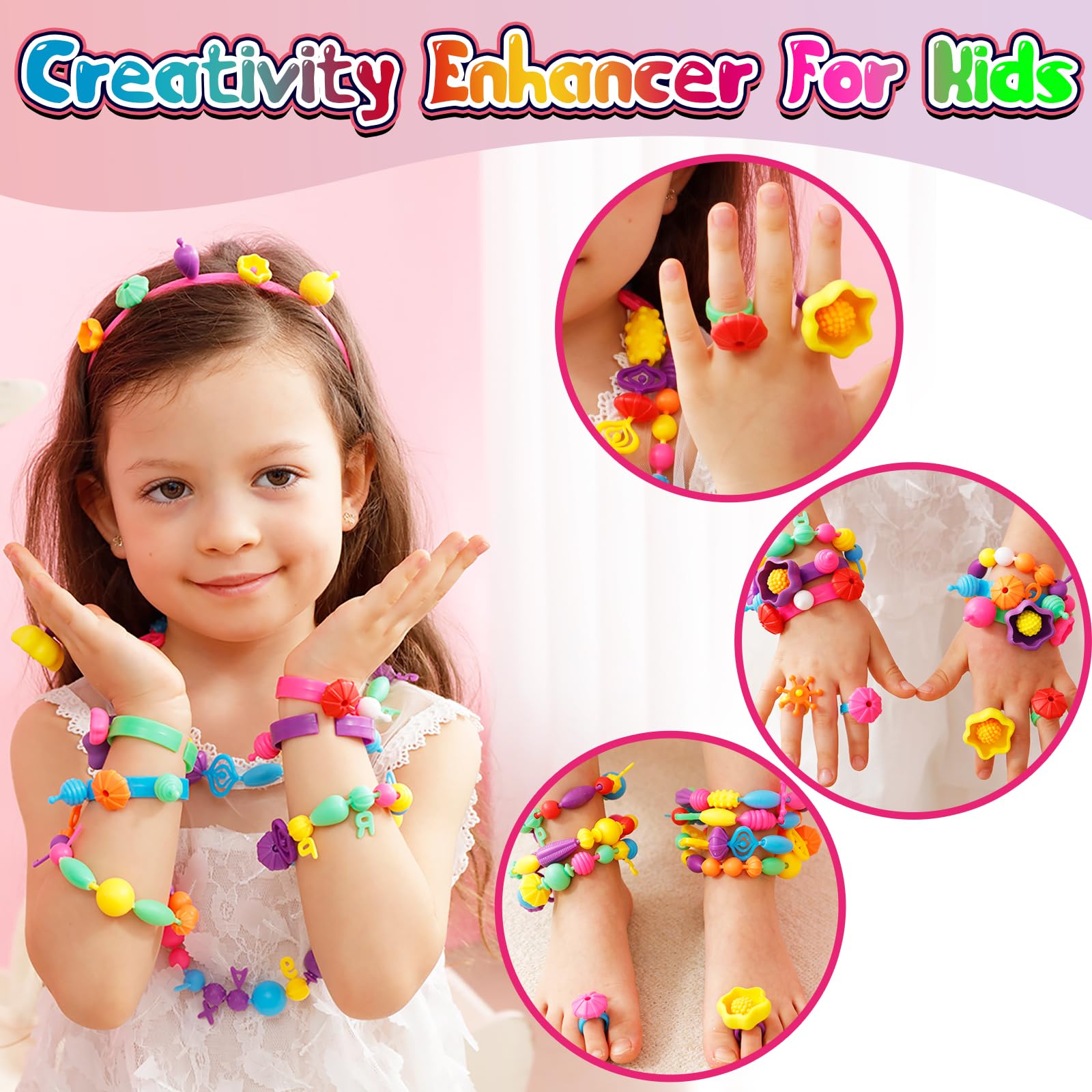 FUNZBO 520+ Snap Pop Beads - Jewelry Making Beads Charms Style Craft Kit, Arts and Crafts for Kids Ages 4-8, Toys for 3 4 5 6 7 Years Old Girls
