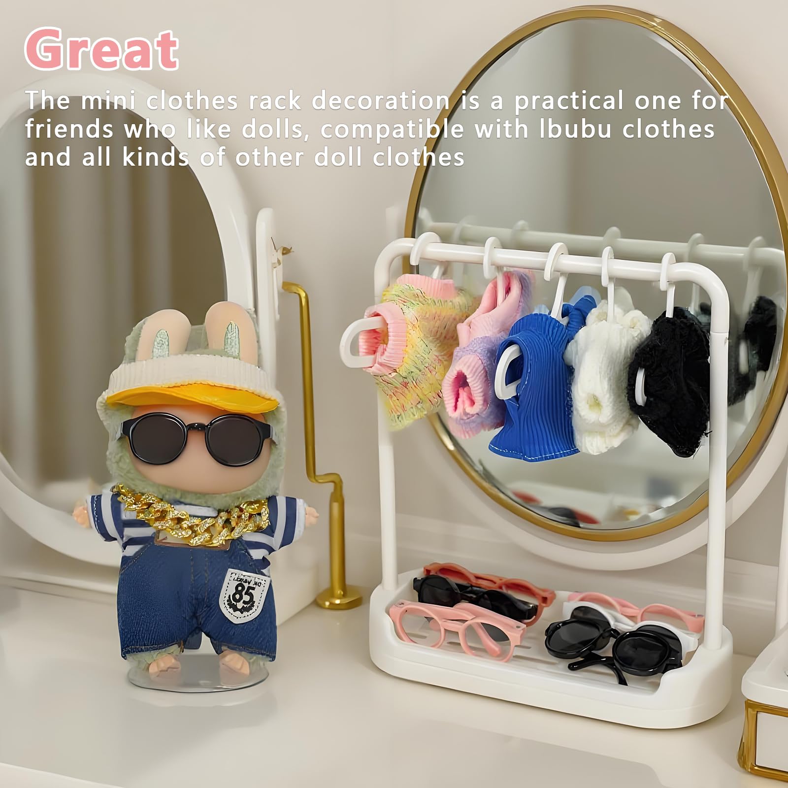 Satakara Doll Clothes Hanger & Rack Set - 2 Stands + 10 Hangers, Durable Plastic Dolls Wardrobe Organizer for Dollhouse Decor, White
