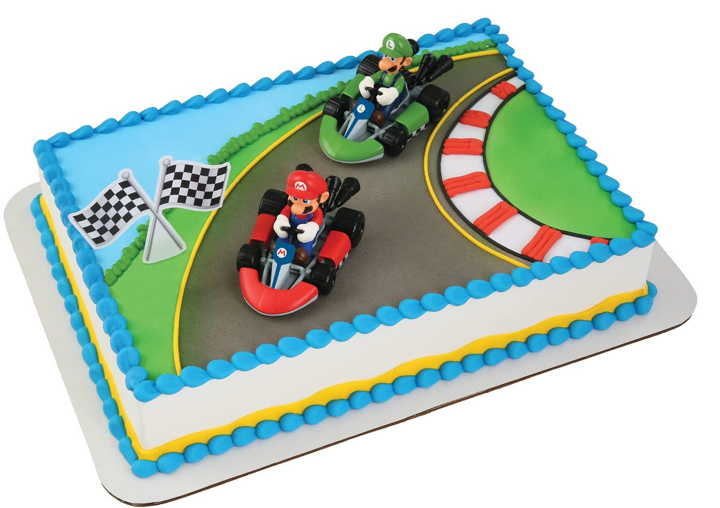 DecoSet® Mario Kart™ Cake Topper, 3 Piece Cake Decoration with Race Kart Toppers & Checkered Flag Decoration, Collectible Character Karts for Hours