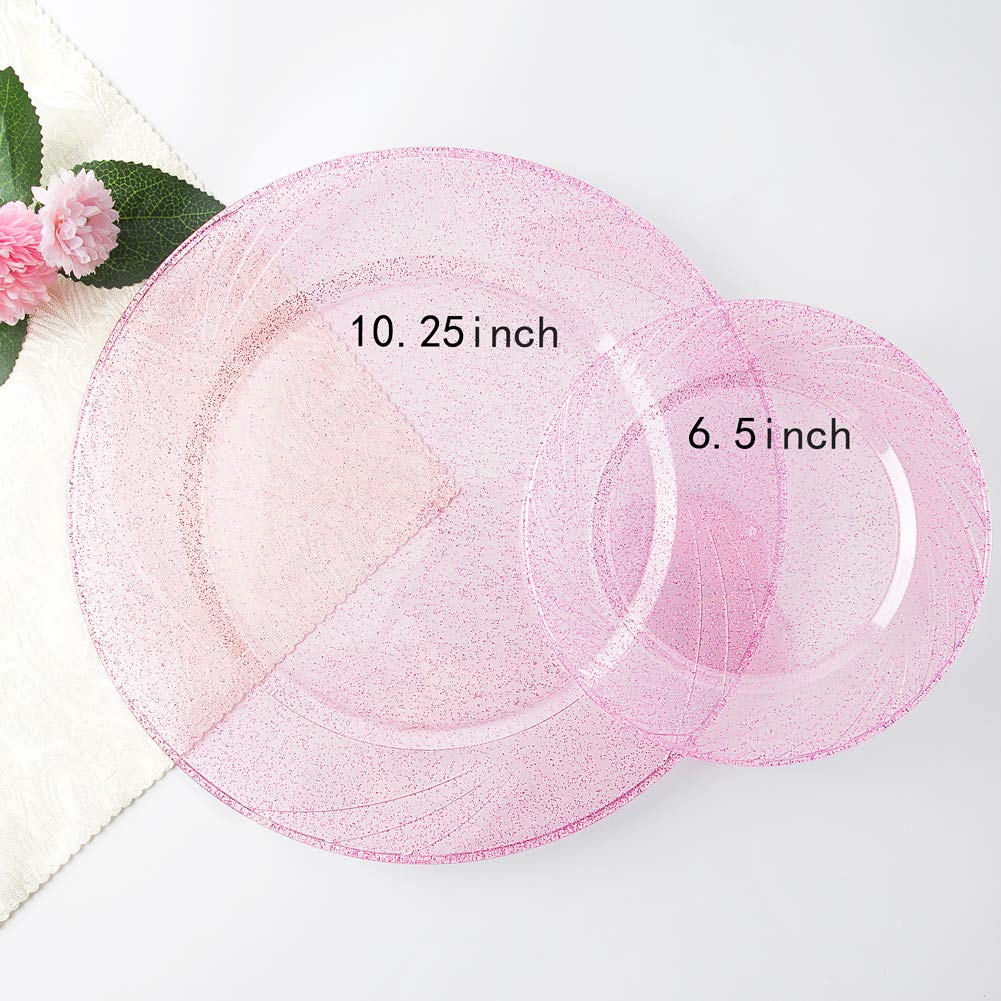 WDF Rose Gold Pink Plastic Plates with Pink Plastic Silverware include 40 Dinner & Salad Plates, 40Forks, 40 Knives, 40 Spoons for Party Baby Shower