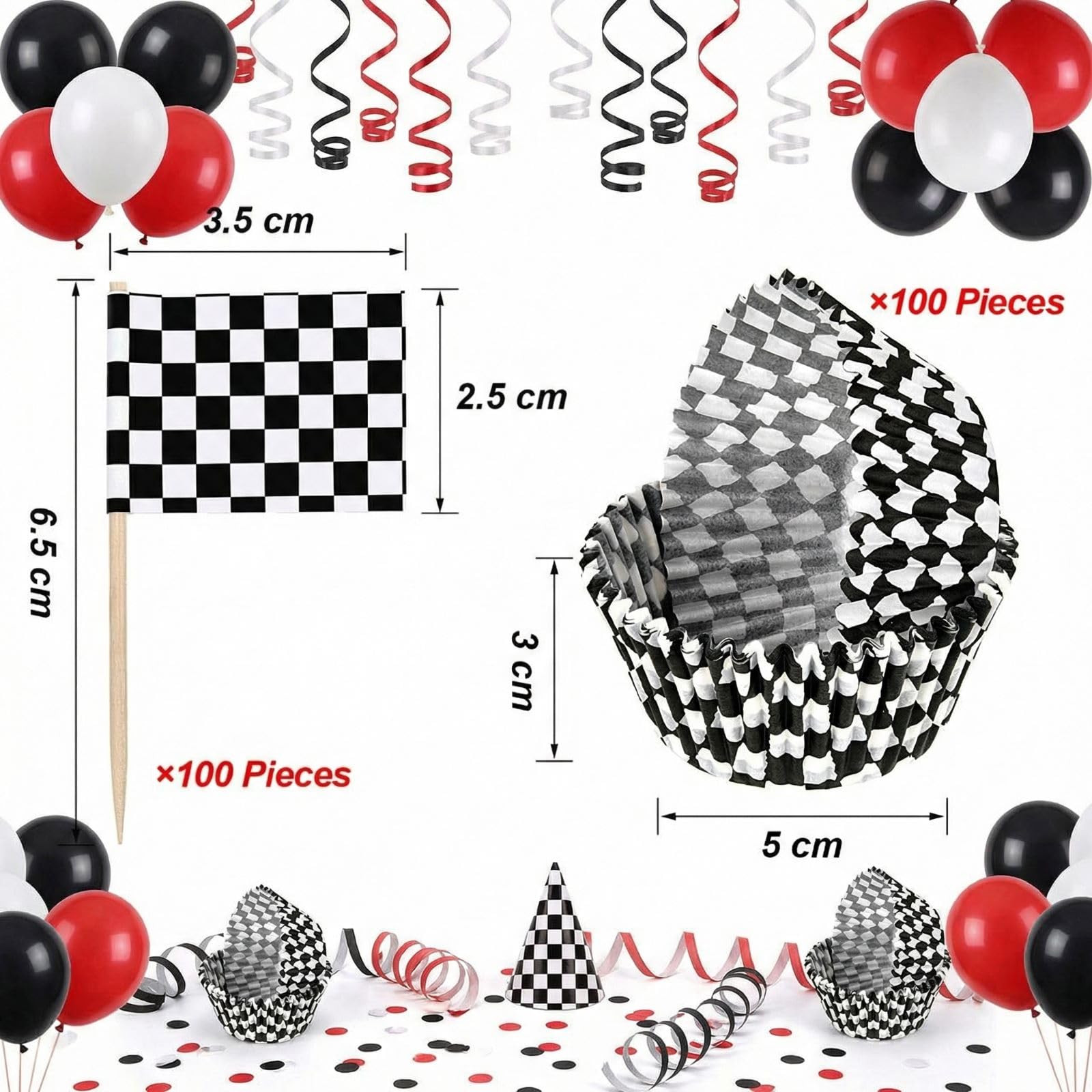 TecUnite 100 Pcs Race Car Checkered Flag Cupcake Wrappers Liners and 100 Pcs Cupcake Toppers Race Car Party Cake Decoration for Racing Checkered Theme