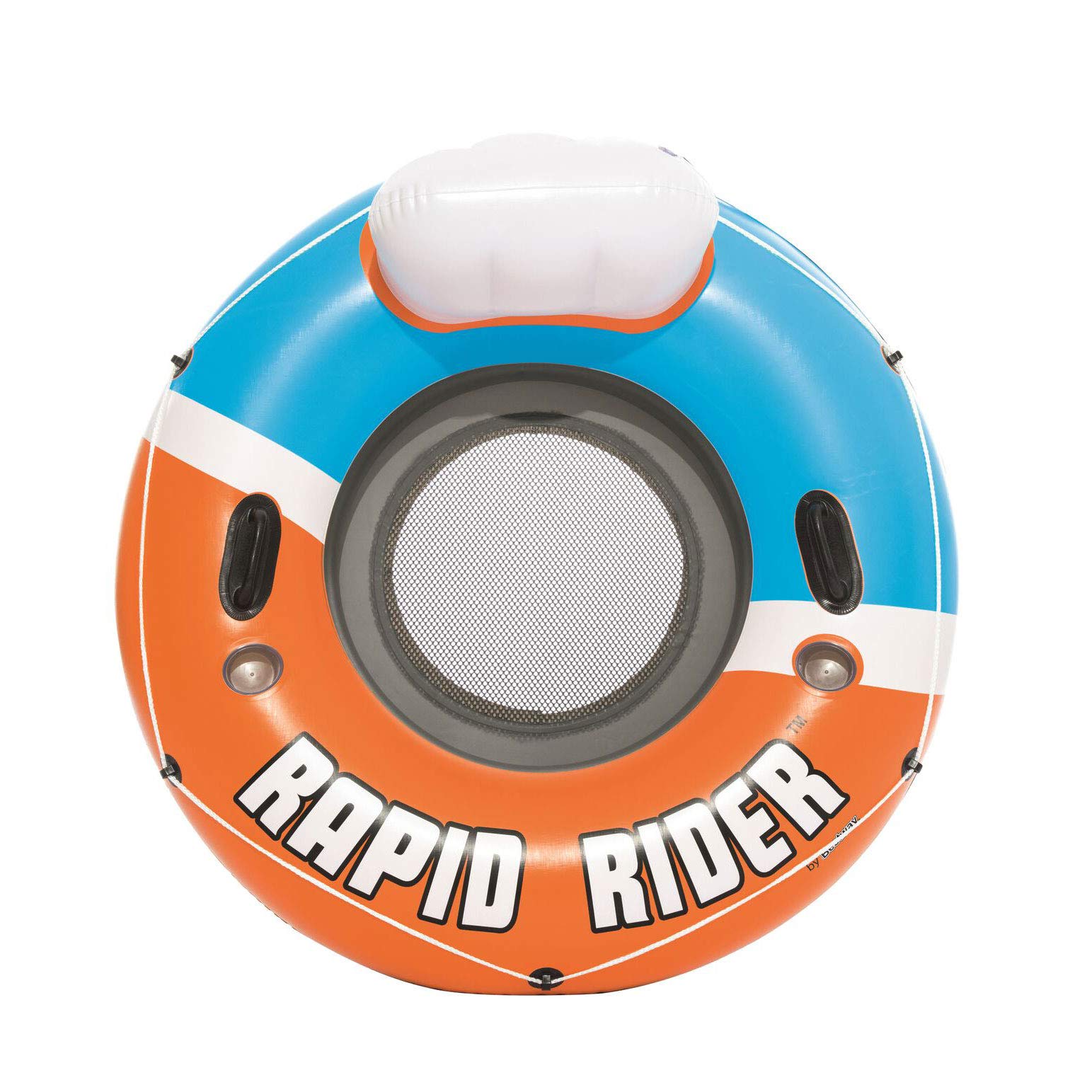 Bestway CoolerZ Rapid Rider Inflatable Blow Up Pool Chair Round Inner Tube with Cupholders, Handles, and All-Around Grab Rope, Orange (4 Pack)