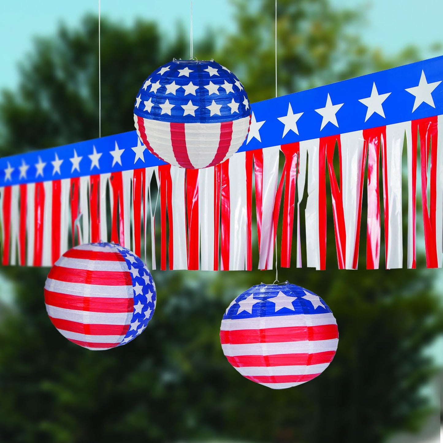 Fun Express American Flag Fringe Backdrop for 4th of July Decorations - 100ft Red White and Blue Streamers Party Decorations | Patriotic Decor