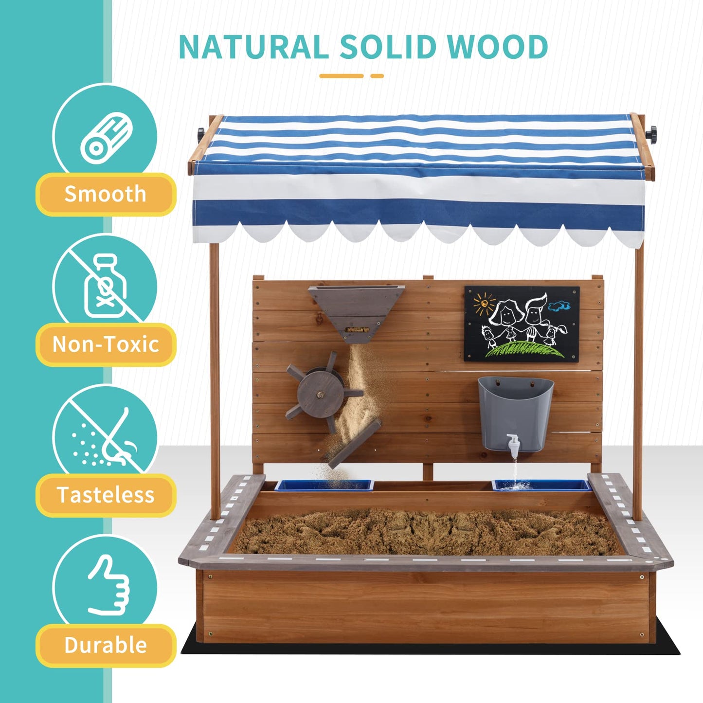 Kids Large Wooden SandBoxes with Roof, Pipleo Outdoor Sand Box Play w/Canopy for Backyard Garden Beach, Sand Pit for Beach Patio Outdoor, [Adjustable