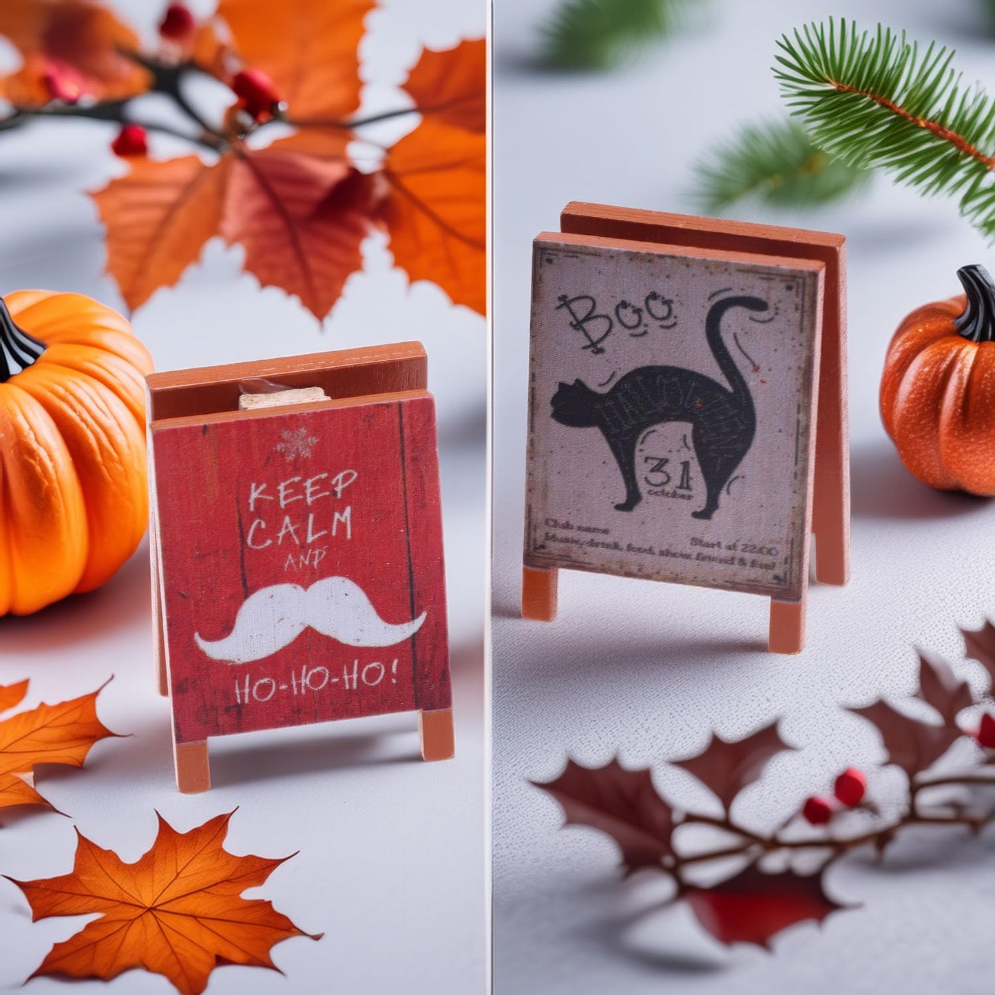 Set of 2 Miniature Holiday A-Frame Signs, Double-Sided Christmas or Halloween Wood Signboards for 1:12 Scale Dollhouse, Festive Decor for Tiered Tray