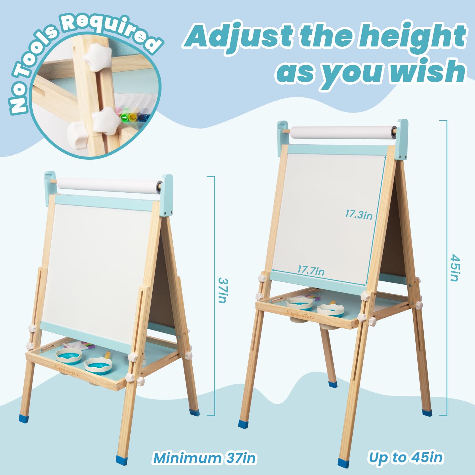 Kids Wooden Easel with Paper Roll, Adjustable Magnetic Double Sided Drawing Board Whiteboard & Chalkboard Dry Easel Board, Children Art Easel for 3-12