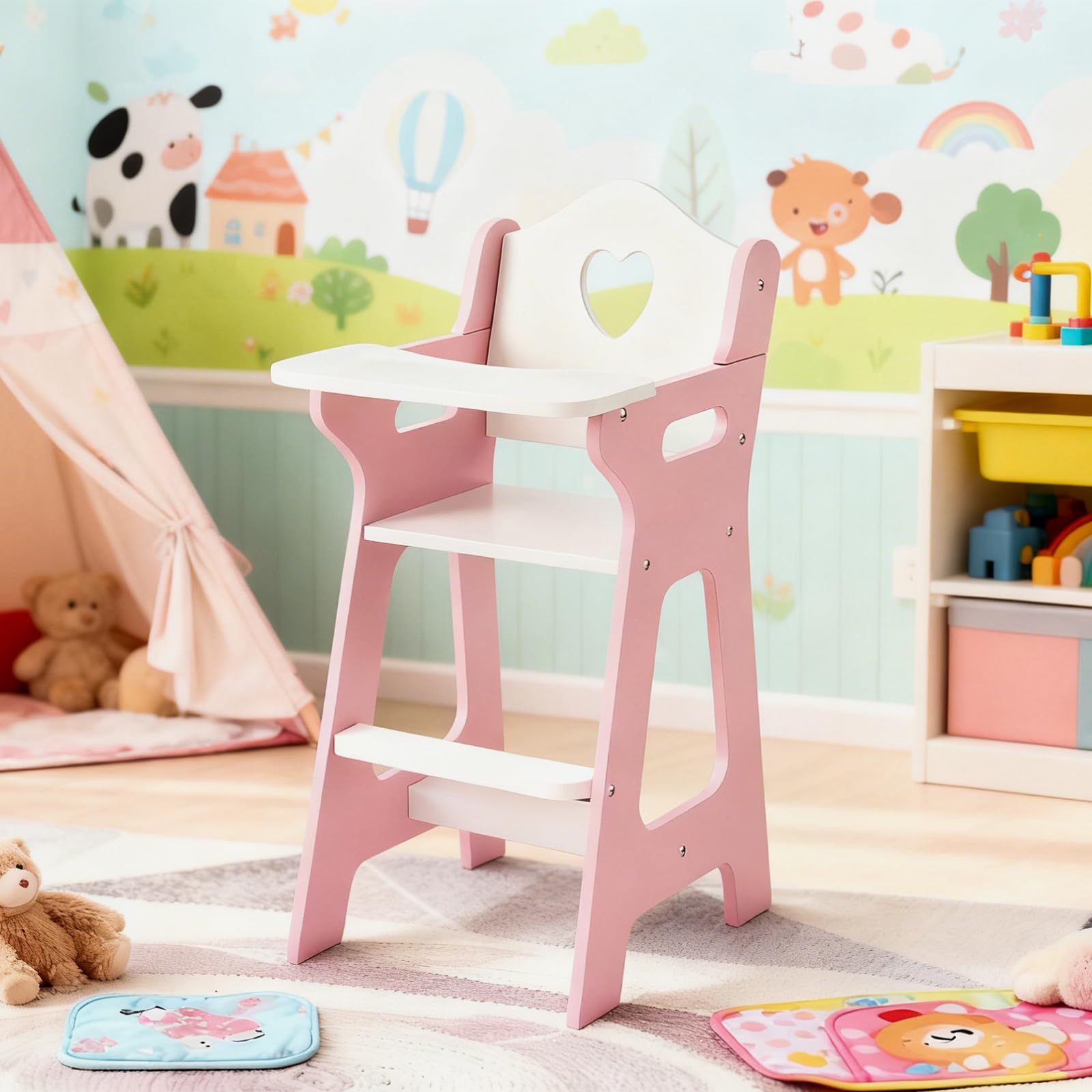 PHOKID Doll High Chair for Pretend Play - Wooden Doll Furniture with Safety Belt, Footrest & Flower Backrest, White/Pink,Fits Standard 18" Baby Dolls