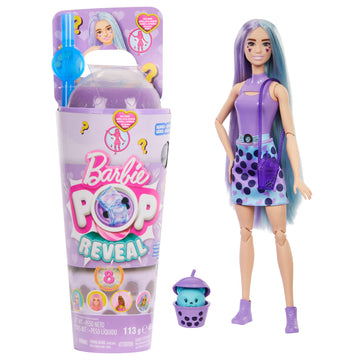 Barbie Pop Reveal Doll & Accessories, Bubble Tea Series with Pet, 8 Surprises Include Color Change, Cup with Storage (Styles May Vary)
