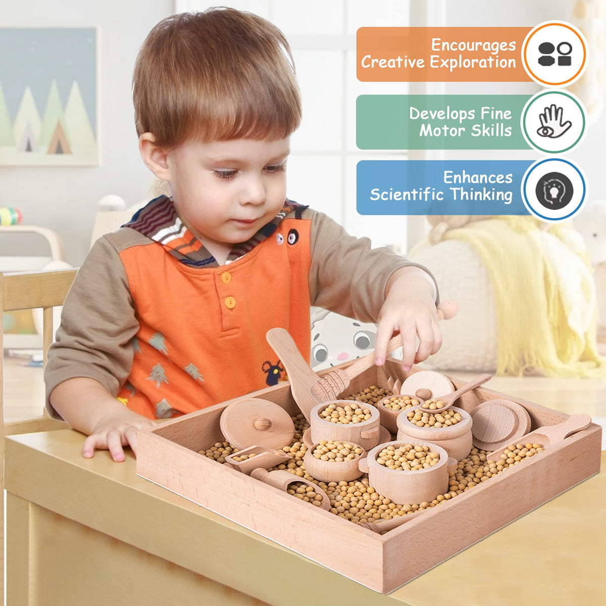 Montessori Sensory Bin Tools Toy with Wooden Box for Toddlers, Pretend Play Dish Toys Wooden Bowls Scoop Tongs Transfer Work Pouring Set, Kids Fine