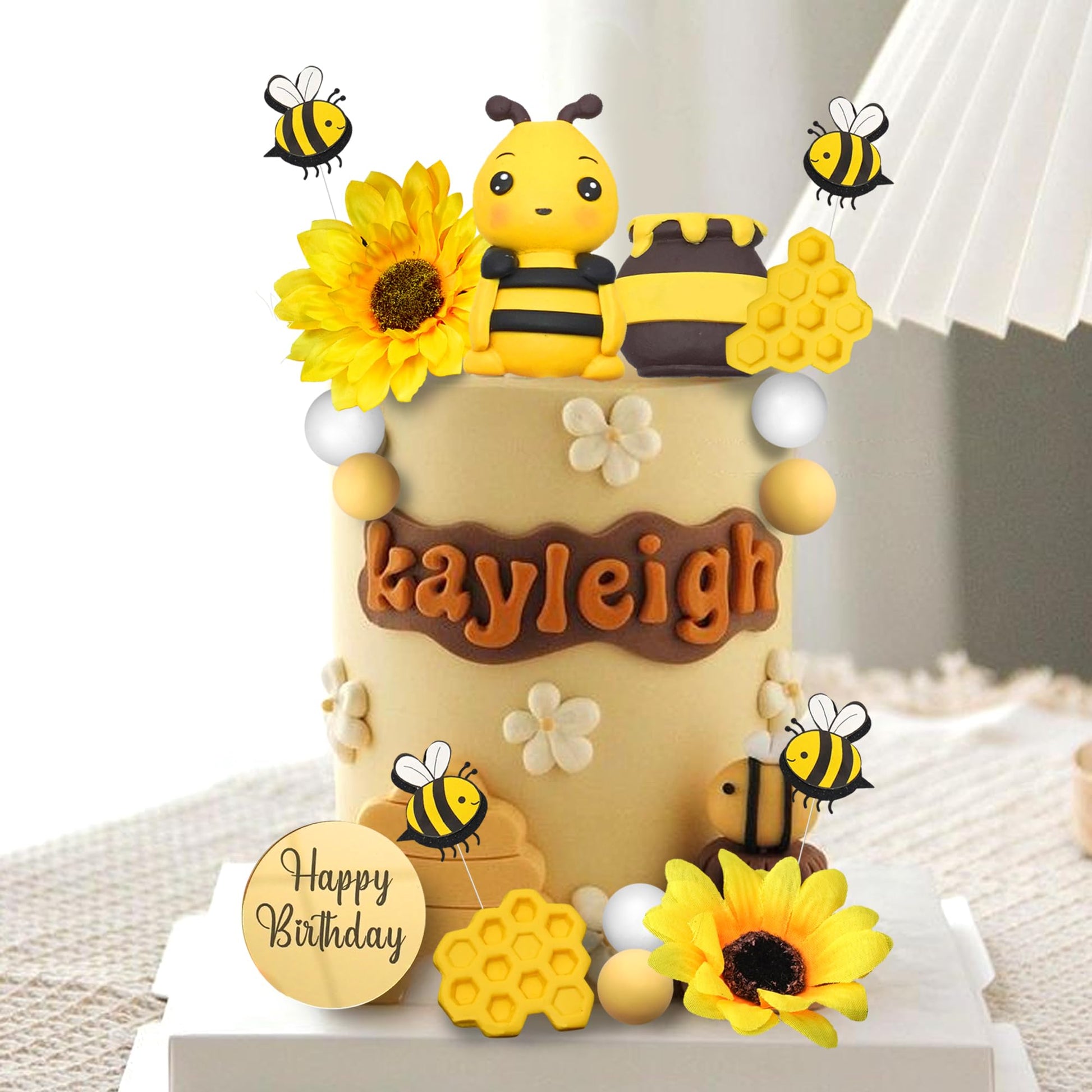 17 PCS Bee Cake Topper Happy bee day Cake Topper Honeycomb Sunflower Cake Decoration for Honeycomb Theme Birthday Party Supplies