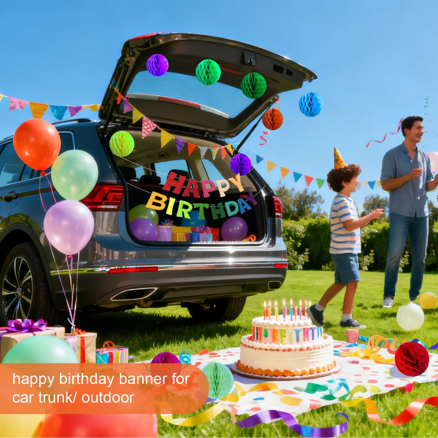 Pre-Strung Happy Birthday Decoration, Fabric Felt Birthday Banners Poms Pom Party Garland Felt Pennant Flag With 10PCS Honeycomb Balls, Reusable Party