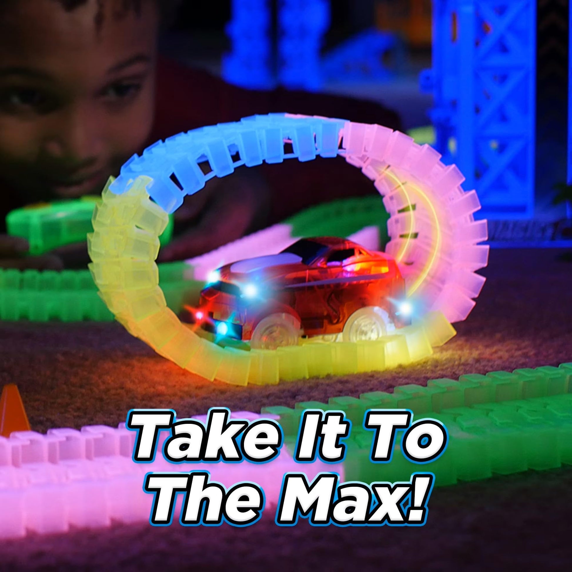 Ontel Magic Tracks Crash Set - 10ft Speedway, 200 Glow-in-The-Dark Pieces & LED Cars for Ultimate Racing Fun!