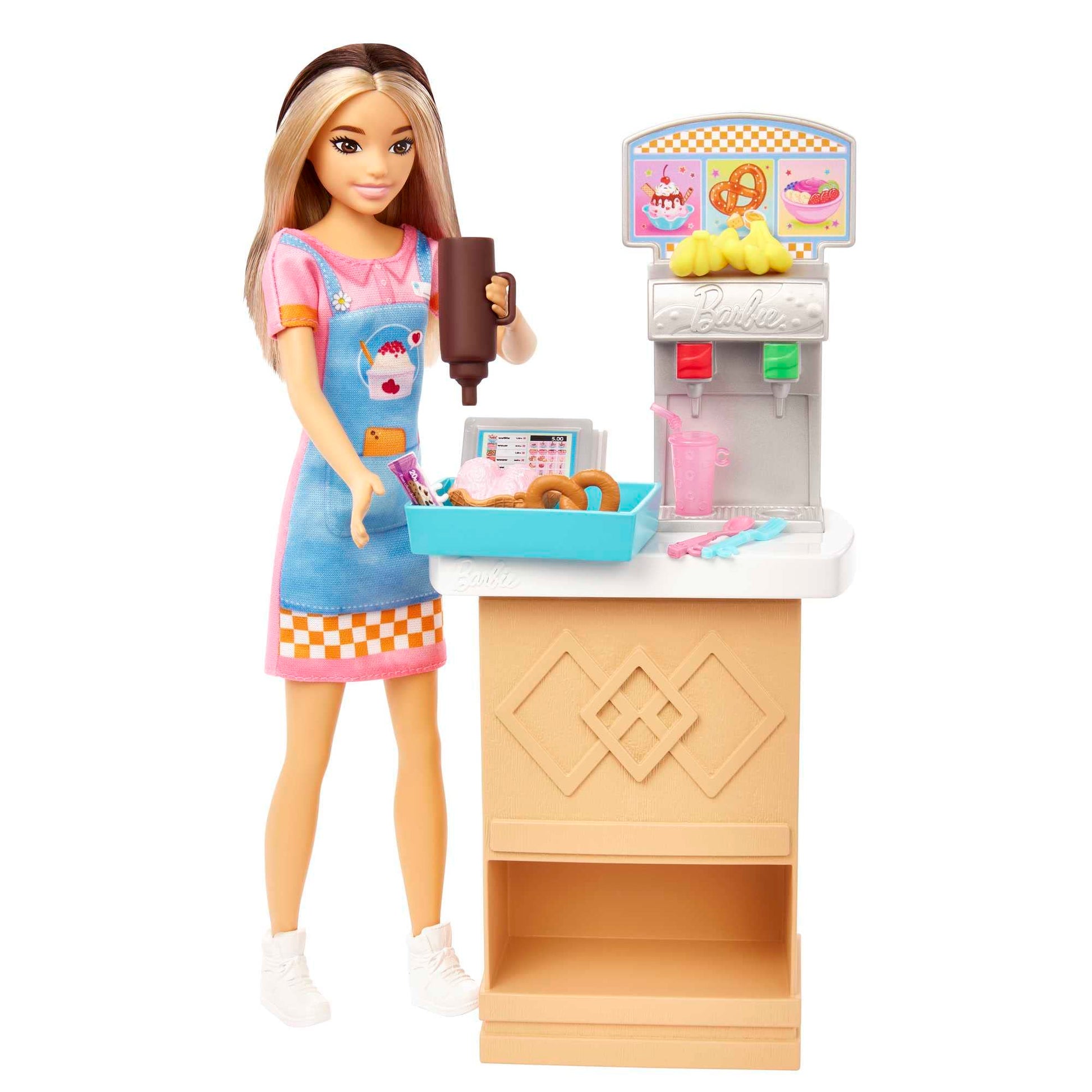 Barbie First Jobs Skipper Set with Doll Model, Snack Bar with Counter, Ice Cream Cup with Colour Change and 8 Accessories, Children's Toy, Ages 3