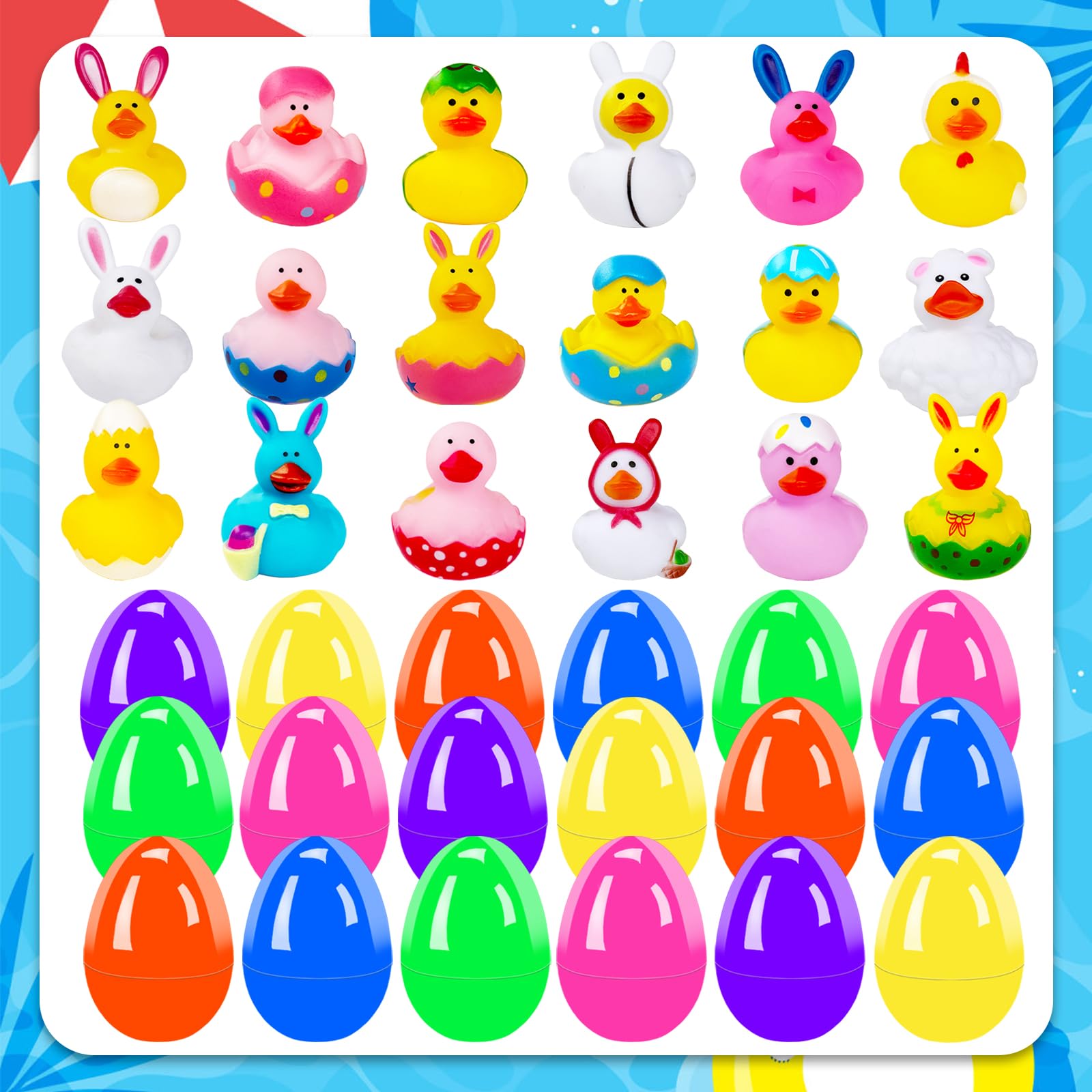 18 Pcs Prefilled Easter Eggs with Bunny Duckies,Bright Colorful Easter Eggs Filled with Rubber Duck,Squeeze Duckies Bunny Bathtub Toys for Easter