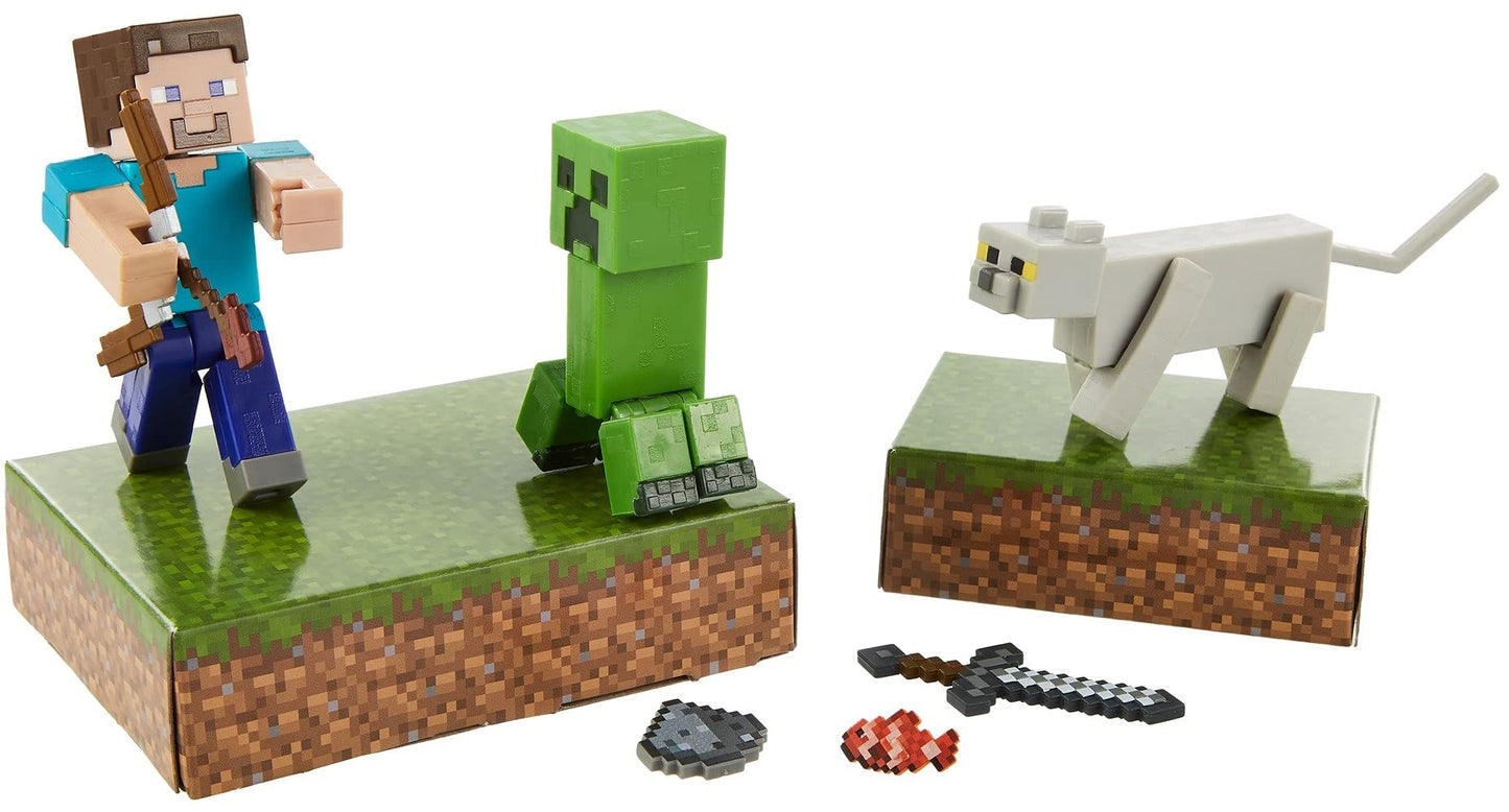 Mattel Minecraft Scaredy Creeper Story Pack with Figures, Weapons, Accessories & Papercraft Environment Blocks, Complete Battle & Action Play in
