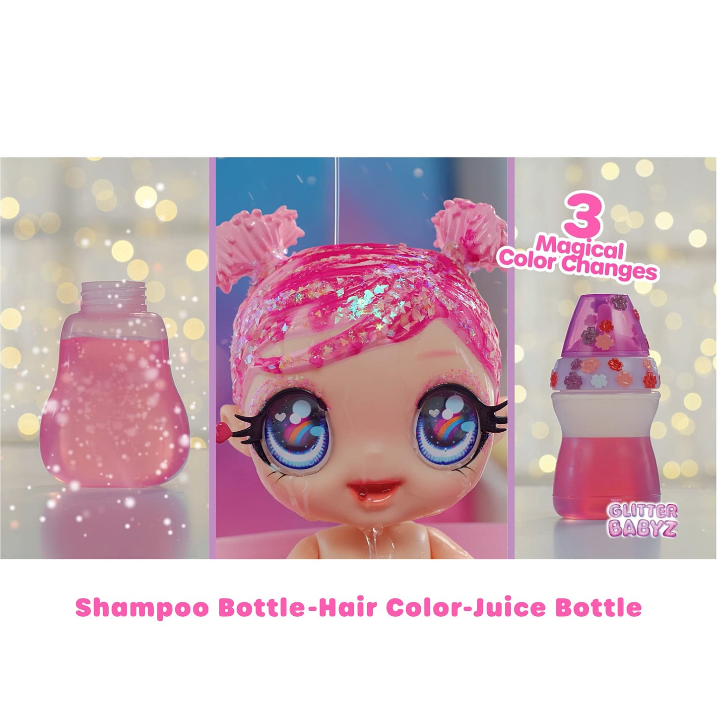 MGA's Glitter Baby Doll with Color Changes, Pink Hair, Sunset Outfit, Bottle - Gift for Kids Ages 3-5+