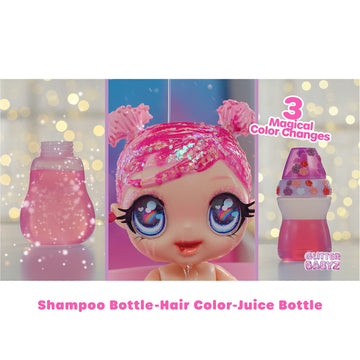 MGA's Glitter Baby Doll with Color Changes, Pink Hair, Sunset Outfit, Bottle - Gift for Kids Ages 3-5+