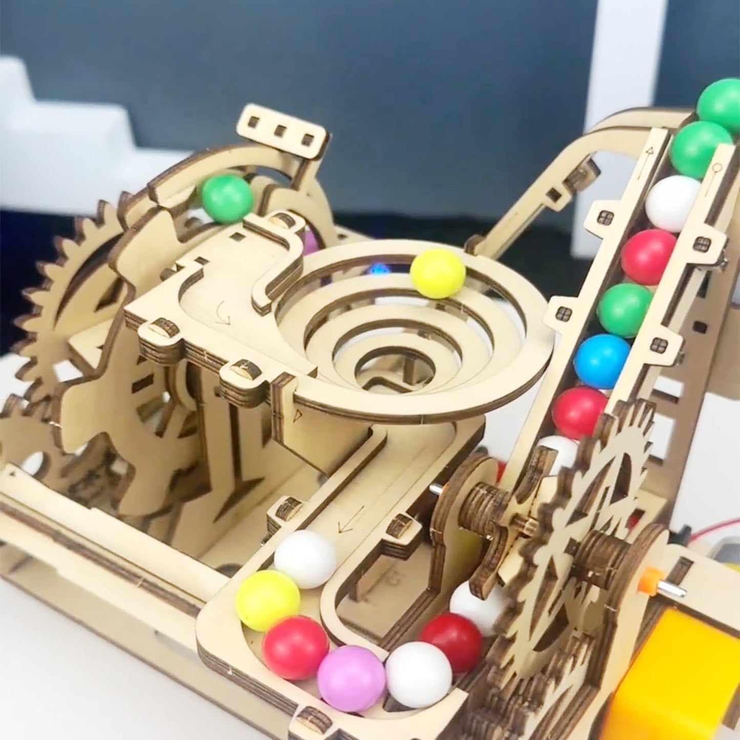 3D Wooden Roller Coaster Puzzle Motorized Marble Run Construction Kit with Gears and Tracks Mechanical Model Kit Laser Cut Wooden Pieces (Ages 14+)