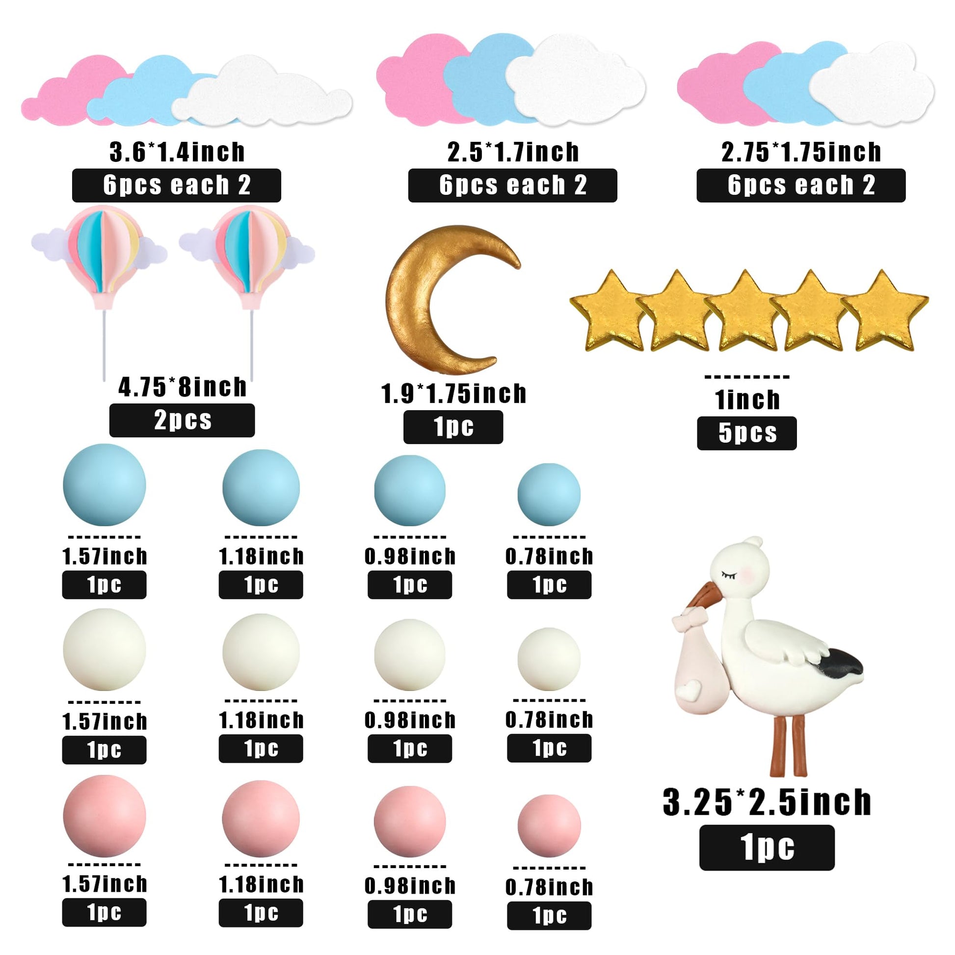 Gender Reveal Cake Topper Storks Cake Decorations Cloud Star Moon Hot Air Balloon Pink Blue Balls for Birthday Gender Reveal