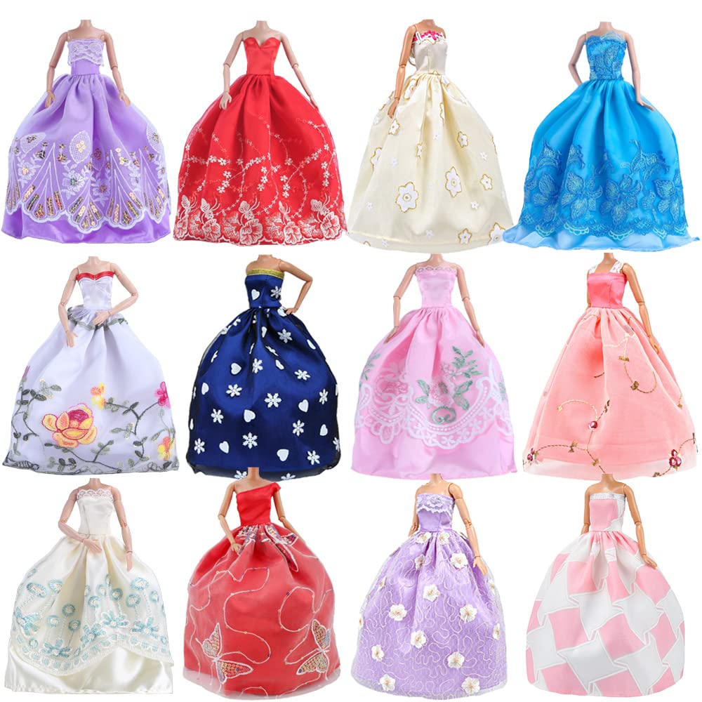 E-TING 5pcs Fashion Gorgeous Princess Wedding Party Gown Dresses Clothes with Floral-Print Voile All Around for Girl Doll(Random Pick)