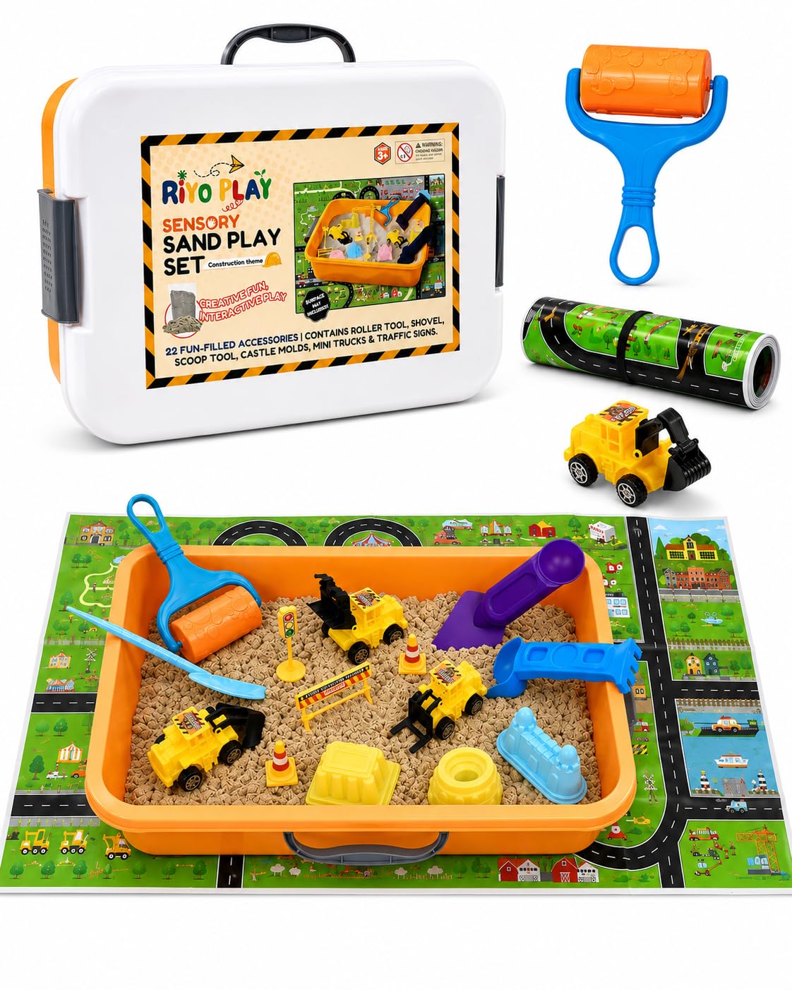 Riyo Play Construction Sensory Bin for Toddlers, 2-in-1 Play Mat, Ages 3+
