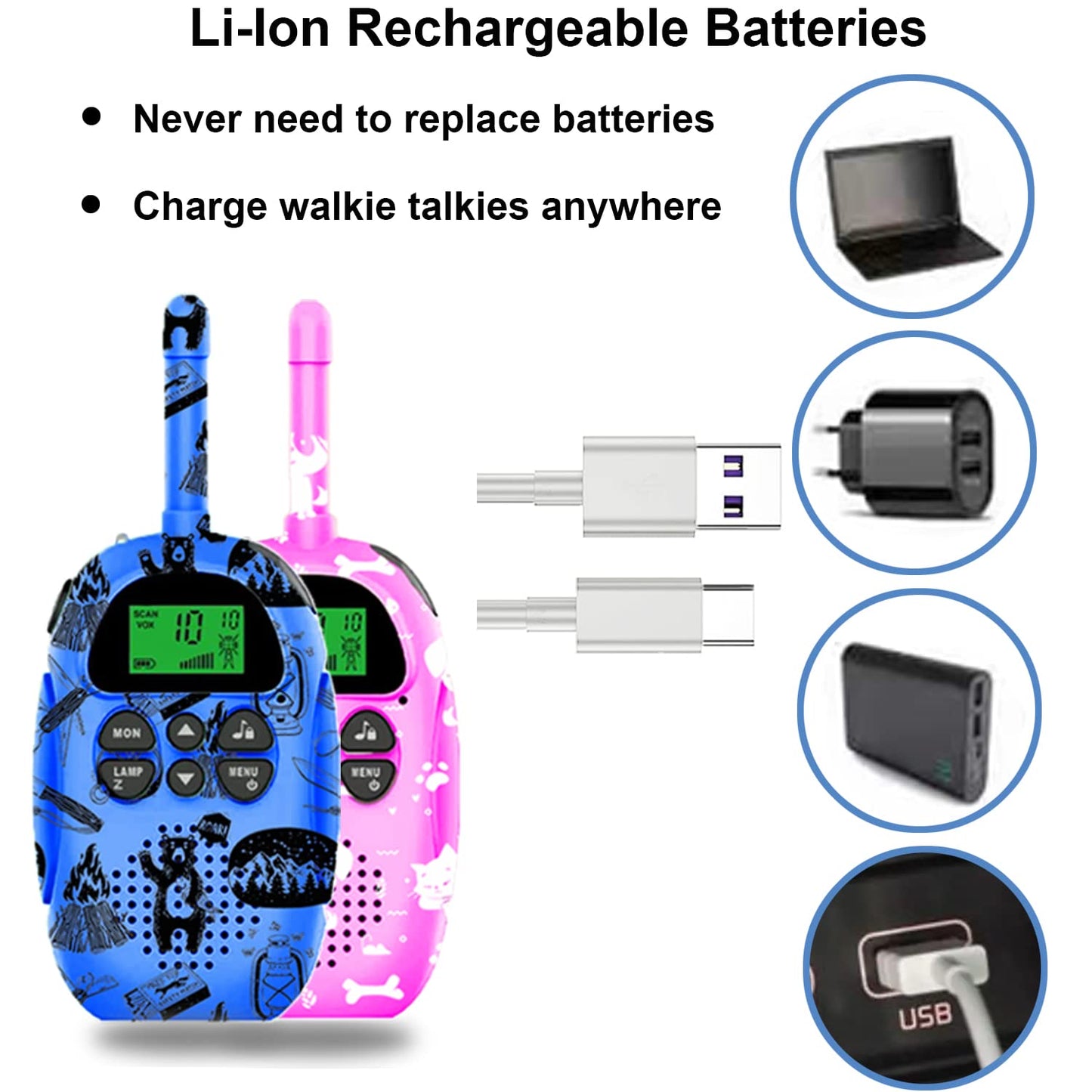 USA-Designed KidzAdventure Rechargeable Walkie Talkies for Kids 2 Pack - 48 Hours Battery 3 Miles Range 22 Channels 2 Way Radio Voice Activation. Best