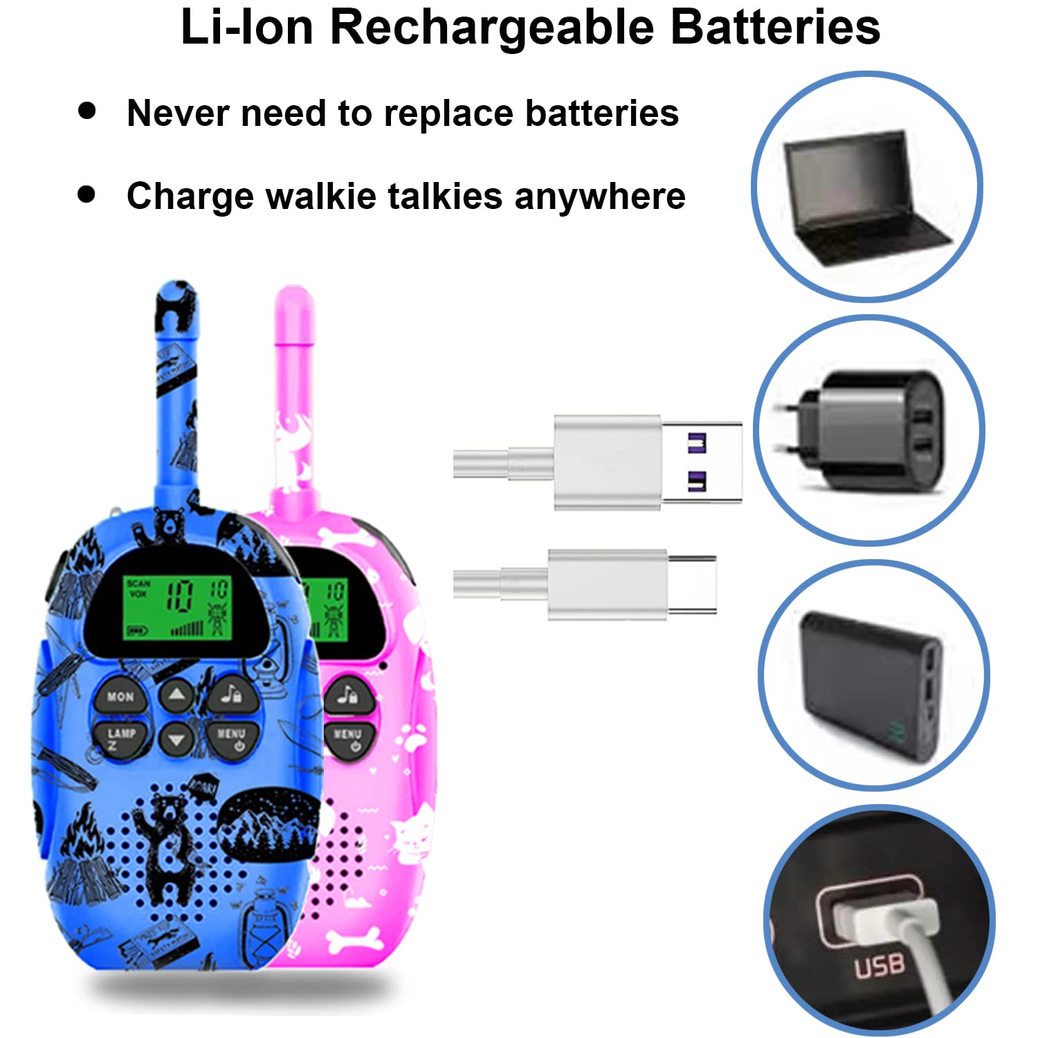 USA-Designed KidzAdventure Rechargeable Walkie Talkies for Kids 2 Pack - 48 Hours Battery 3 Miles Range 22 Channels 2 Way Radio Voice Activation. Best