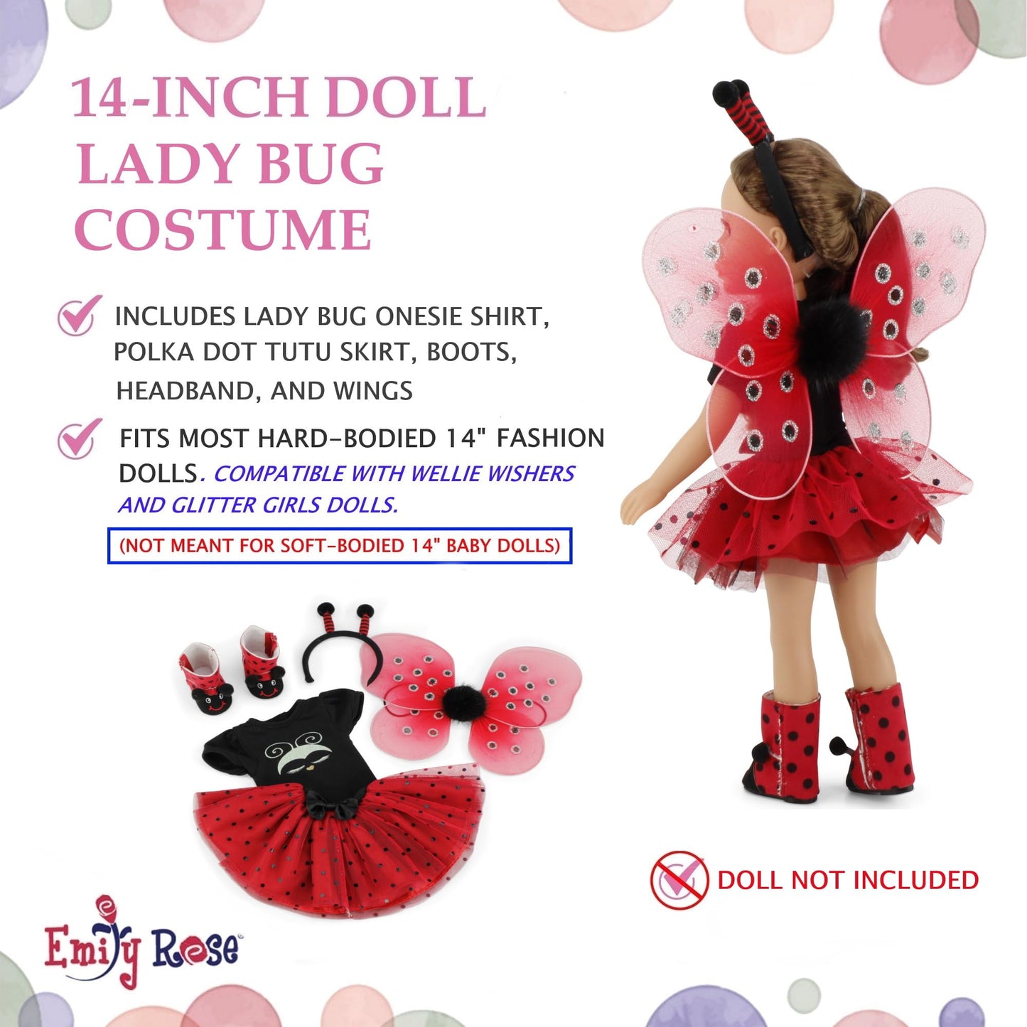 Emily Rose Magical Lady Bug 5 PC 14 inch Fashion Doll Halloween Costume Outfit with Removable Wings, Antenna Headband and Boots! | Clothes &