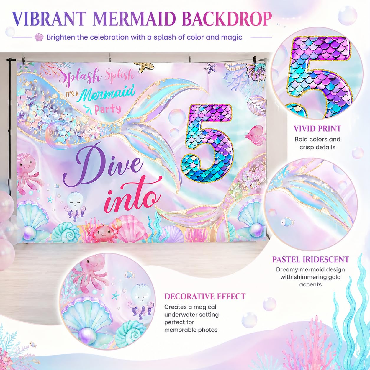 Mermaid birthday decorations Mermaid 5th Happy Birthday Backdrop Banner for Girls Party Under The Sea Birthday Party Decorations 5th birthday mermaid