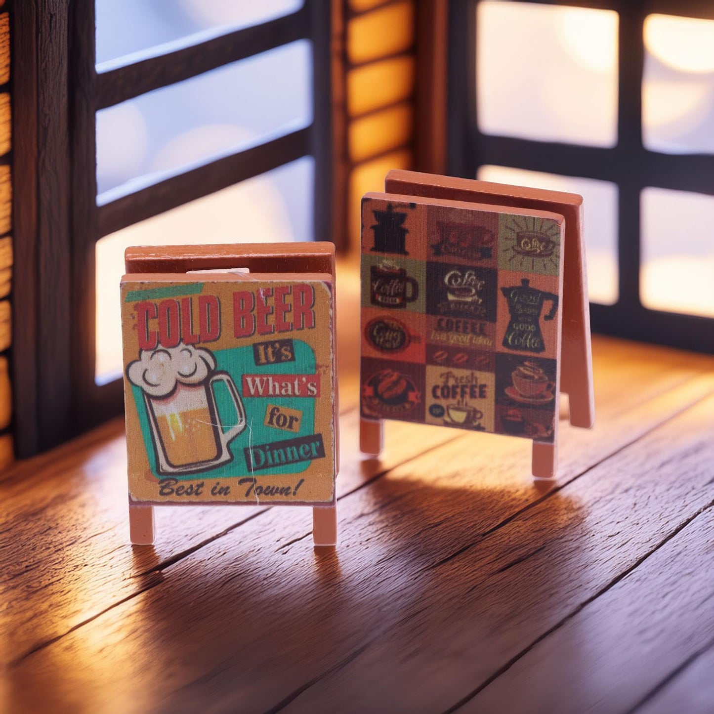 Set of 2 Miniature A-Frame Signs, Double-Sided Coffee & Beer Wood Signboards for 1:12 Scale Dollhouse, Retro Cafe Bar Decor Accessories for Adult
