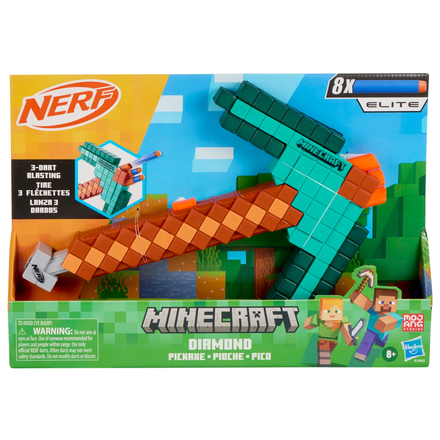 Nerf Minecraft Diamond Pickaxe Dart Blaster, Pull Back Priming, Foam Head, 8 Nerf Elite Darts, Ages 8+