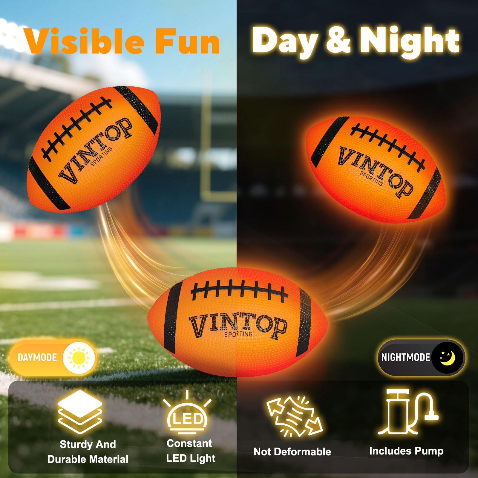 VINTOP Light Up Football - LED Glow in the Dark Football NO 6 for Kids & Adults Outdoor Sports, Birthday Gifts, Includes Free Air Pump, Sturdy Durable