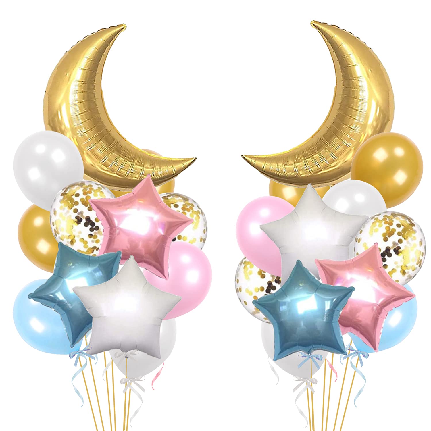 34 PCS Twinkle Little Star Baby Shower Birthday Party Decoration,Moon and Star Mylar Balloons for Gender Reveal Party,Blue Pink White Gold Confetti