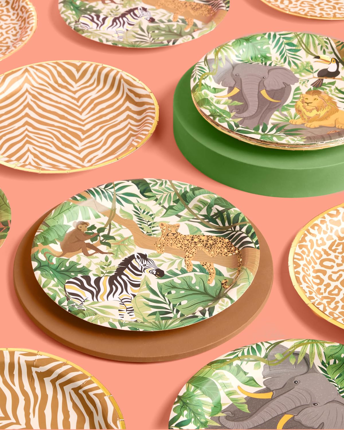 xo, Fetti Animal Print Safari Paper Plates, 4 Designs | 24 pcs 9" | Kids Decorations, Jungle Party Setting, Wild Birthday Decor, Rainforest