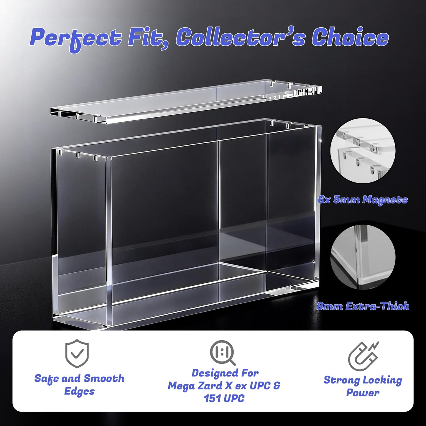 PKMN UPC Acrylic Case Protector - Compatible with Mega Charizard X ex & 151 Ultra-Premium Collection, Ultra Thick 8/5mm Clear Acrylic with Magnetic