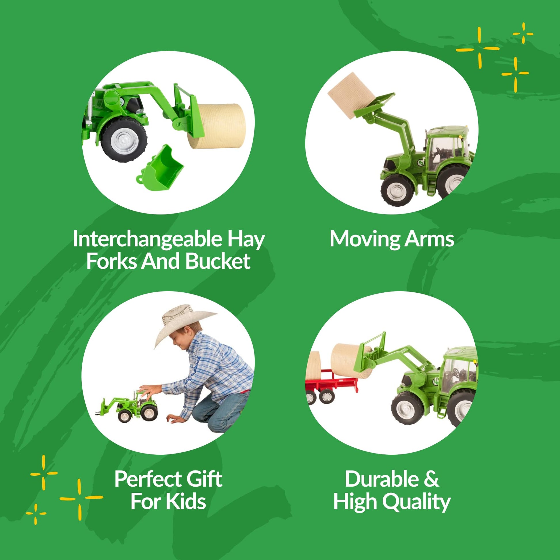 Big Country Toys Tractor & Implements, 1:20 Scale, Toy Tractor with Hay Bale and Bucket Attachment, Working Doors, Green, Ages 3 and Up…