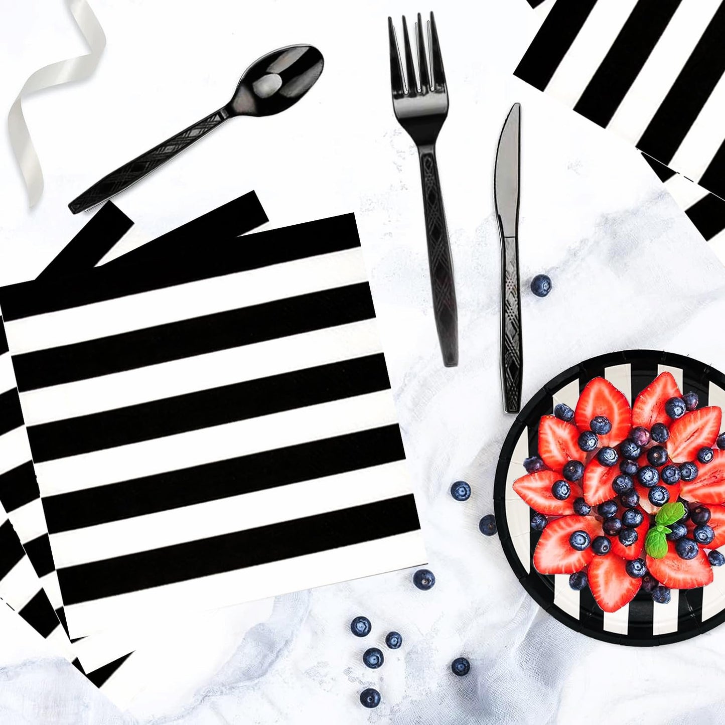 Serve25 175Pcs Black & White Striped Party Supplies - 9" & 7" Striped Paper Plates, Napkins, Cups, Cutlery for Black & White Birthday Party