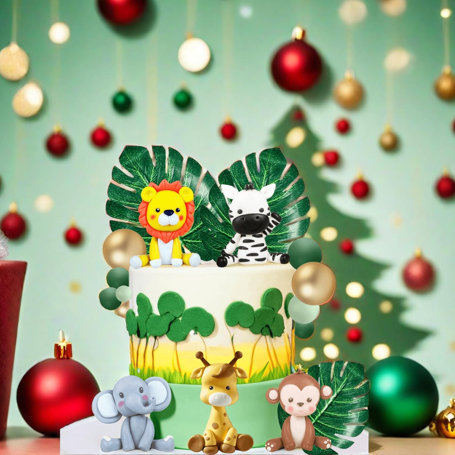 XLENGO 20 PCS Jungle Safari Animal Cake Topper with Lion Giraffe Monkey Elephant Zebra Colourful Balls Leaves Cake Decoration for Baby Shower Safari
