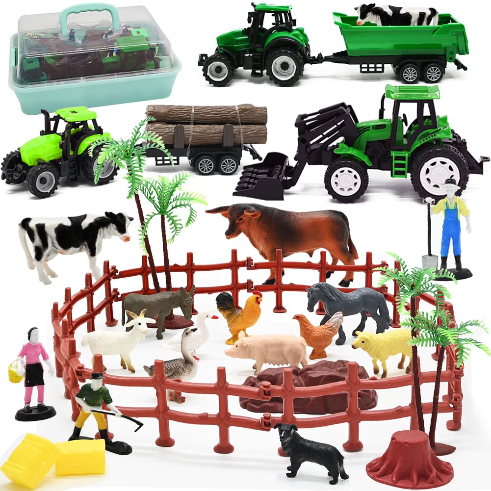Farm Animals Figures Playset, 40 Pcs Farm Toy Tractor with Plastic Farm Animals Figurines, Farmer and Fence Farm Playset, Farm Figures Farmer Truck