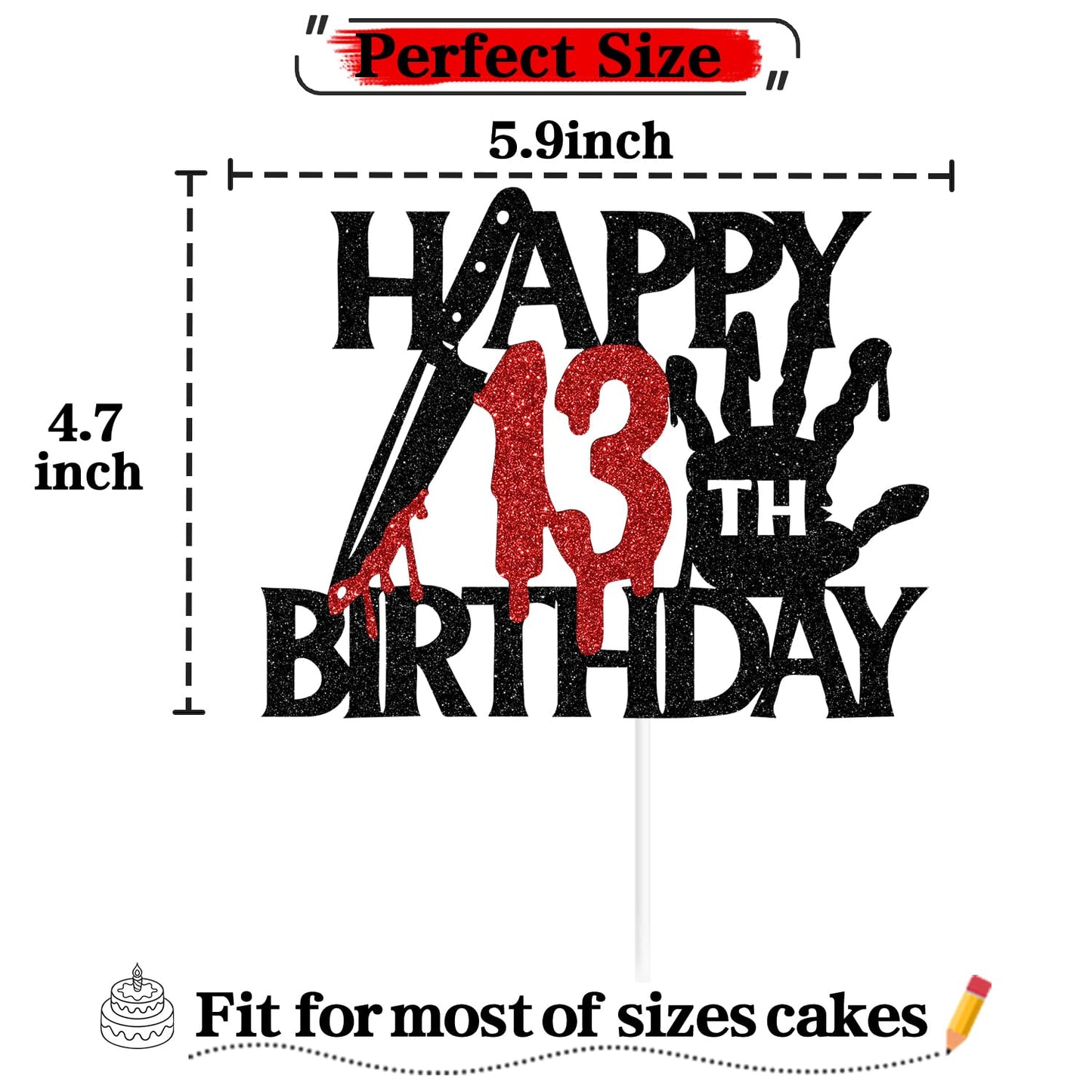 Black Glitter Killer Happy 13th Birthday Cake Topper, Halloween Zombie Vampire Bloody Friday Birthday Décor, Halloween Horror Themed 13th Birthday