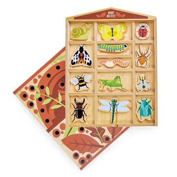 Tender Leaf Toys - The Bug Hotel - 13 Wood Garden Bugs with Shelving Unit and Front Panel - Made for Little Hands - Open-Ended Nature Play - Science