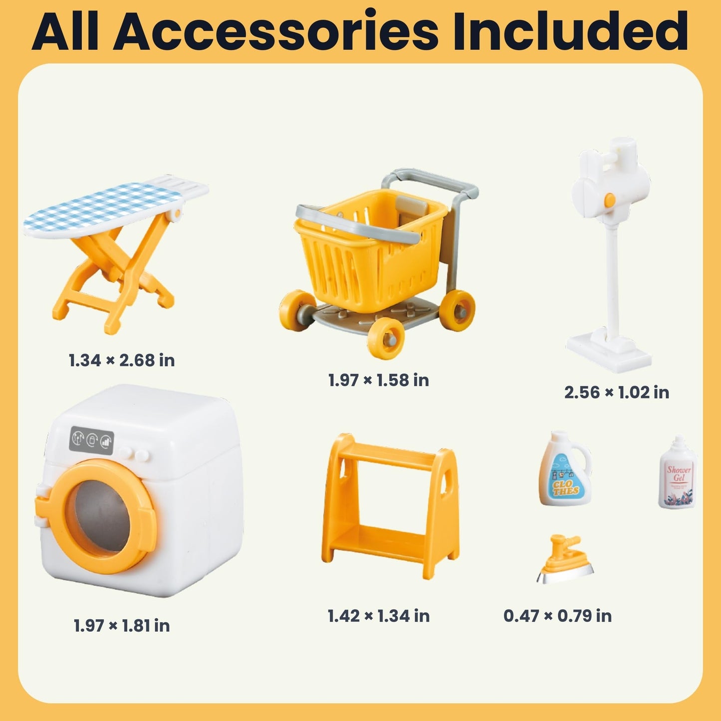 OLEOCA Family Dollhouse Laundry Set - Washing Machine, Ironing Board & Iron, Vacuum, Storage Stand & Rolling Cart - Dollhouse Furniture & Accessories