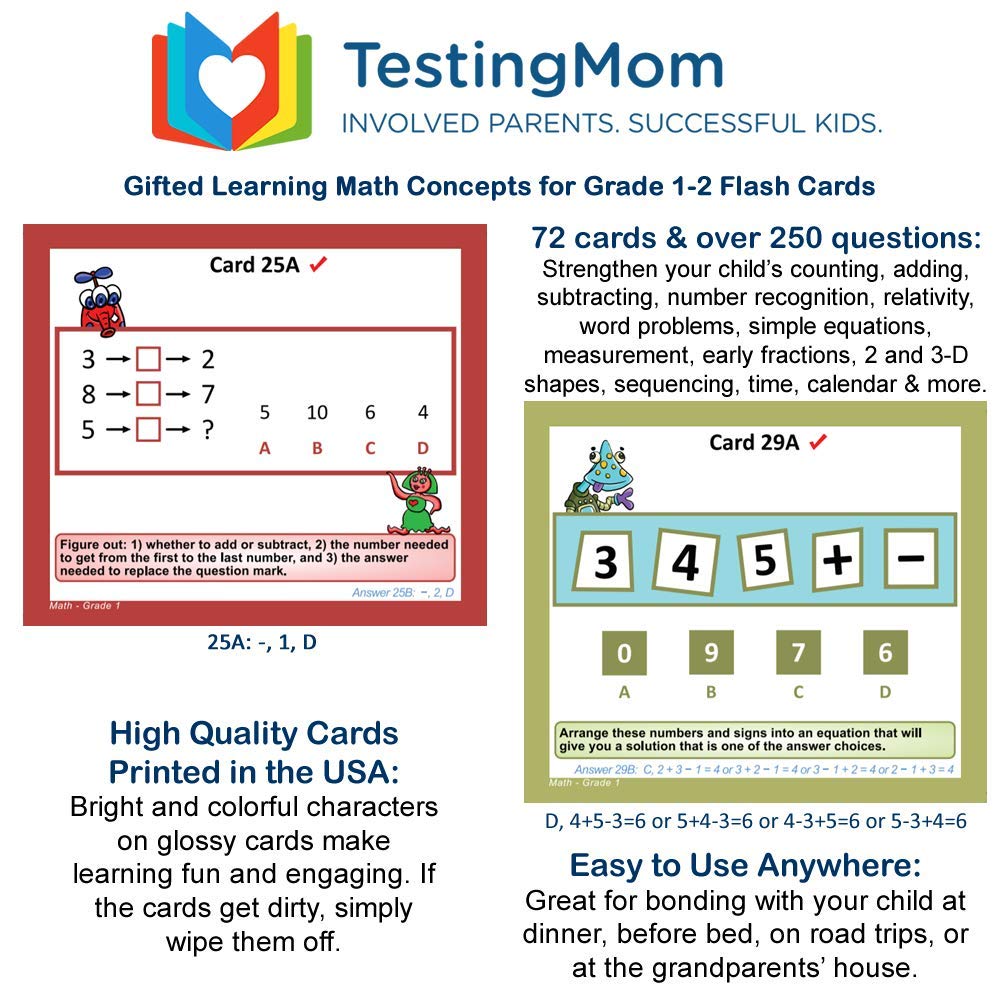 TestingMom.com Gifted Learning Flash Cards - Math Concepts for 1st Grade - 2nd Grade - Addition, Subtraction, Fractions, and More for Grade 1 - Grade