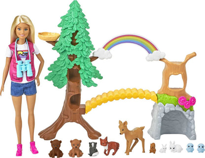 Barbie Wilderness Guide Doll and Playset, Blonde Fashion Doll with 10 Animal Figures, Tree, Rainbow and More
