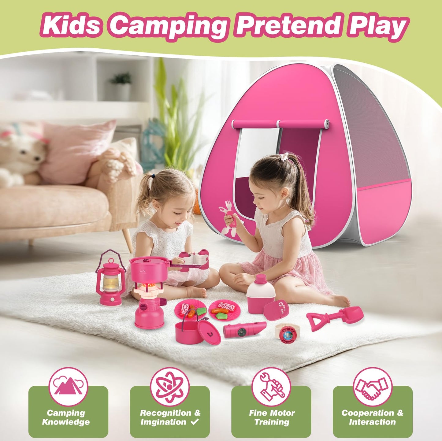 Camping Set Toys with Pop up Play Tent for Girls Ages 3-6 Indoor Outdoor