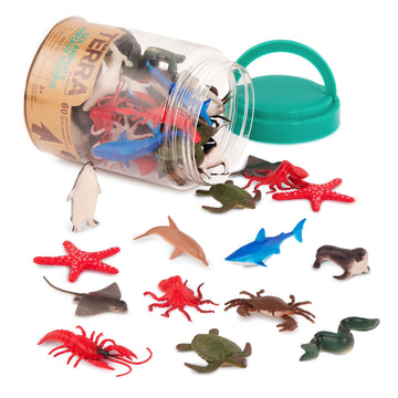 Terra by Battat - 60 Pieces Sea Animals In Tube - Realistic Mini Sea Animal Toys - Sharks, Dolphins, Penguins, Turtles, Crabs & Starfish for Toddlers