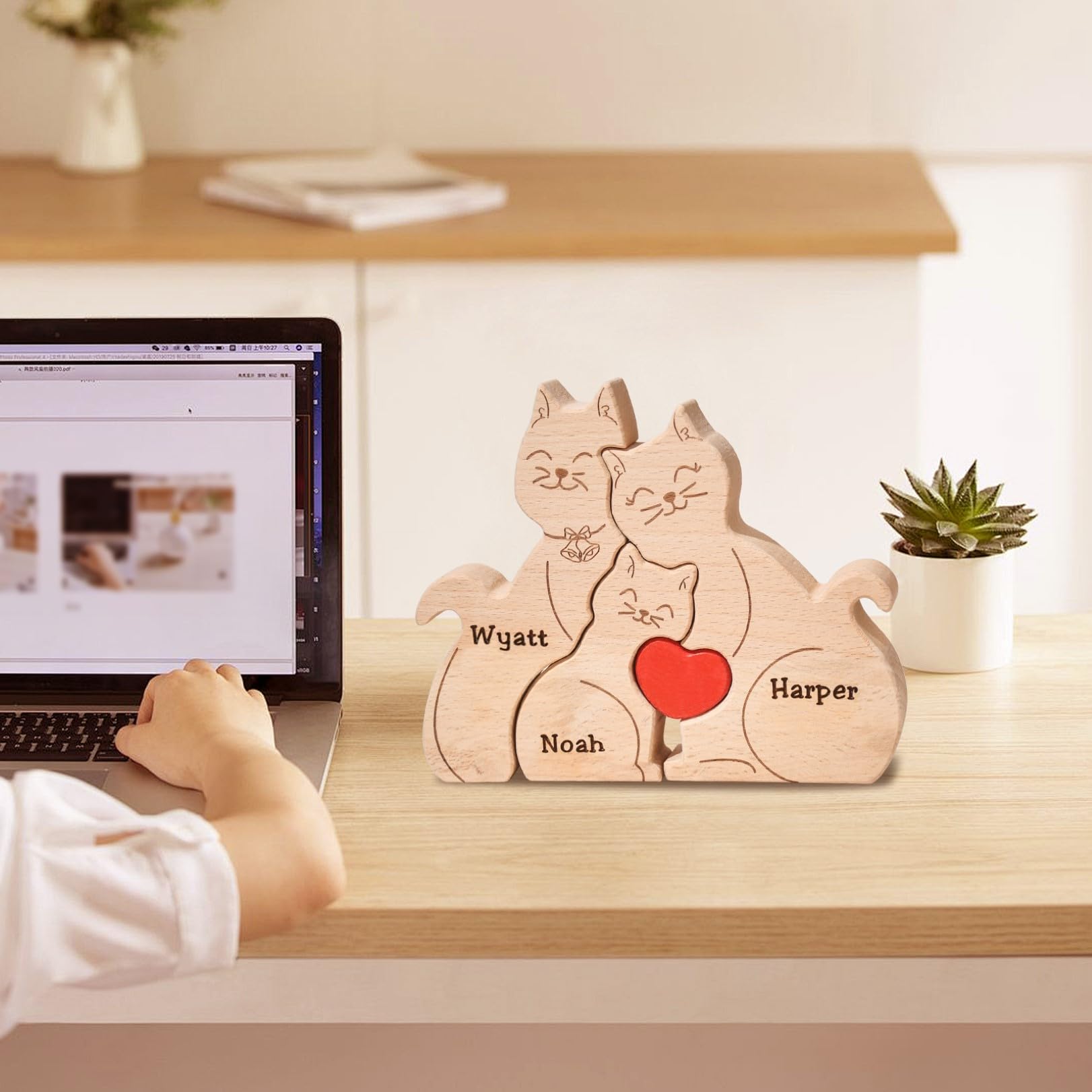 Personalized Name Wooden Cat Family Puzzle Customized Educational Toy Brain Teaser Game with Natural Wood Perfect Birthday Mother's Day for Family