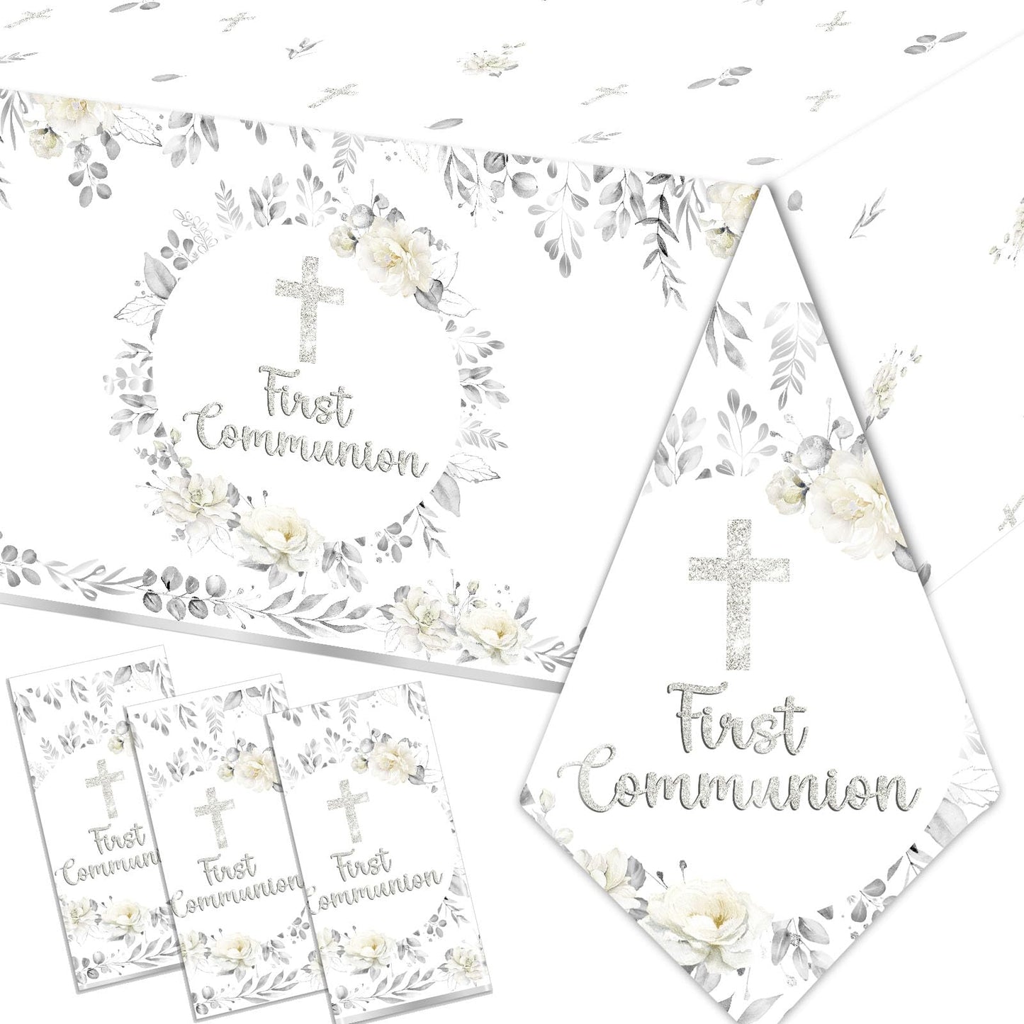 First Communion Tablecloth Decorations, 3Pcs Silver God Bless Baptism Tablecloths,First Holy Communion Cross Baptism Table Cover for Baby Shower First