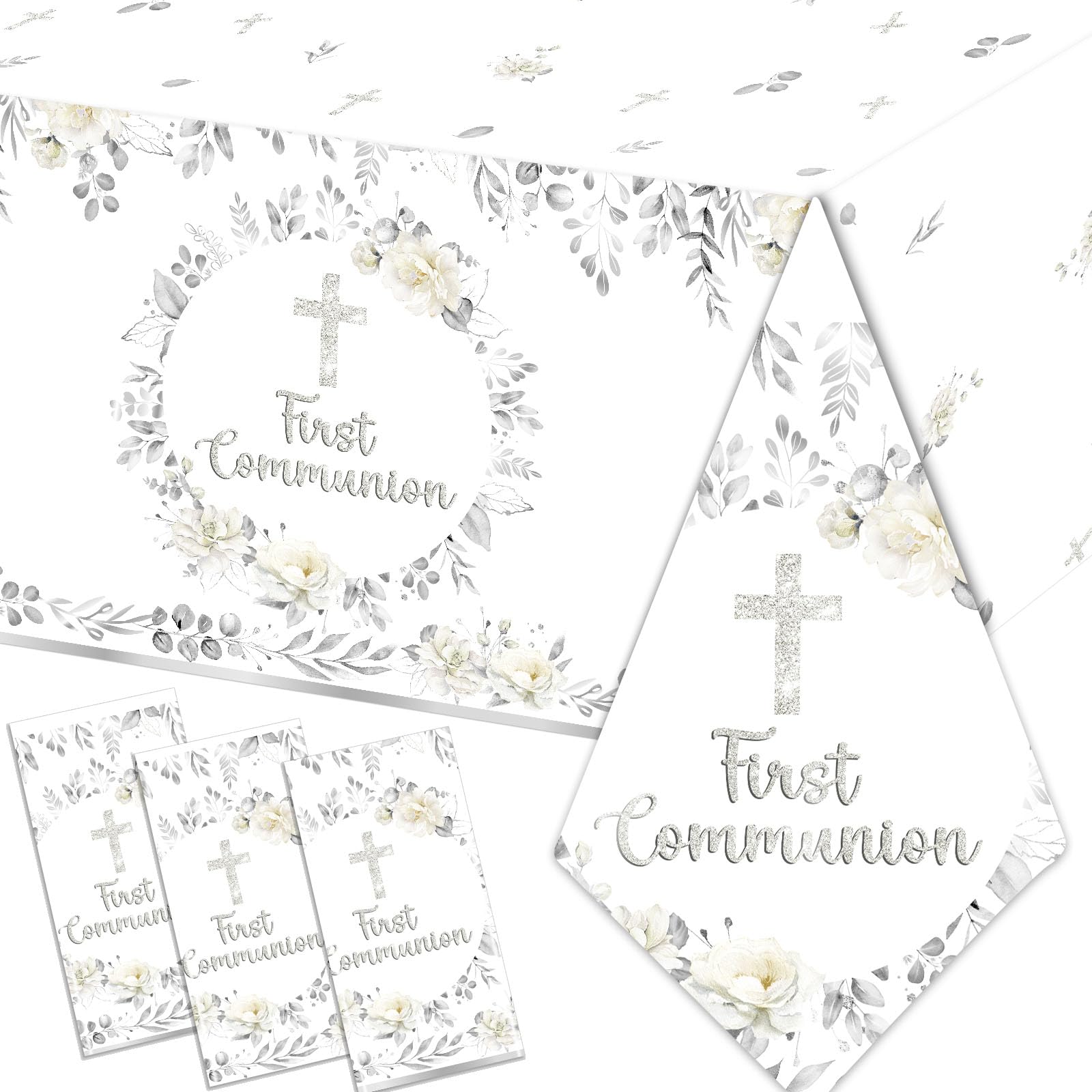 First Communion Tablecloth Decorations, 3Pcs Silver God Bless Baptism Tablecloths,First Holy Communion Cross Baptism Table Cover for Baby Shower First