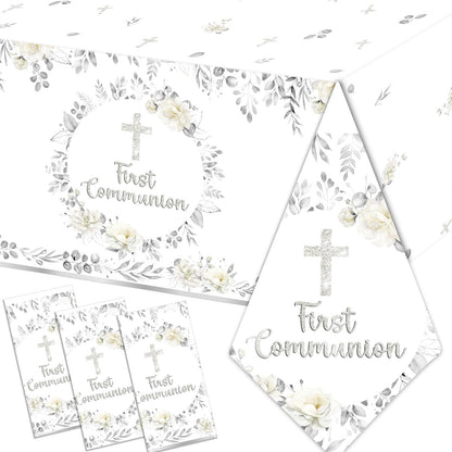 First Communion Tablecloth Decorations, 3Pcs Silver God Bless Baptism Tablecloths,First Holy Communion Cross Baptism Table Cover for Baby Shower First